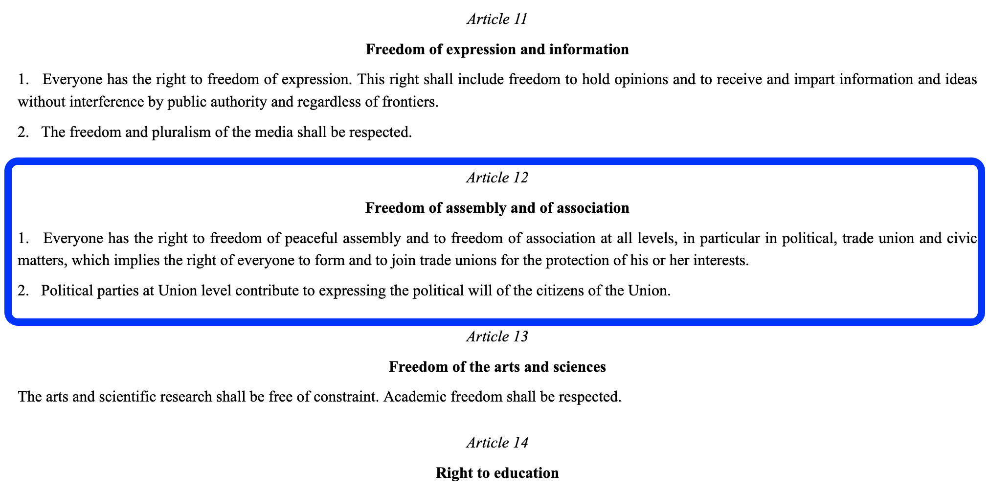 The Charter enshrines both the right to freedom of peaceful assembly and to freedom of association at all levels and the role of European parties