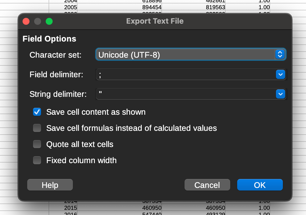 Export window showing export settings in LibreOffice